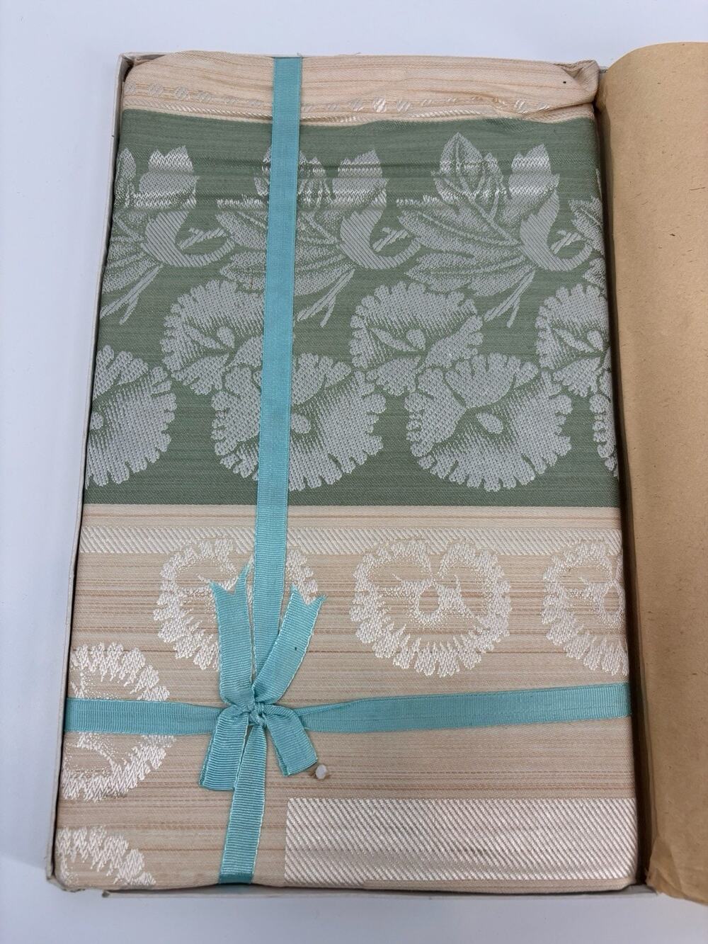 Vintage Linens Made In Japan Green Tablecloth Set 50”x 50” & 6 Napkin 12”x12”